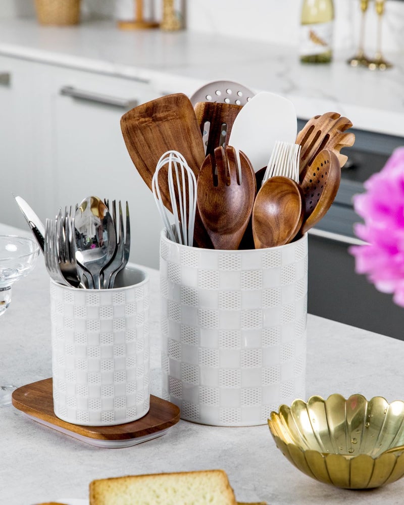 Nucookery Utensil Holder, Extra Large Ceramic Utensil Crock for Kitchen Counter, Stable Spatula & Flatware Organizer, Farmhouse Embossed Kitchen Decor, Set of 2 (Checkered) - Image 2